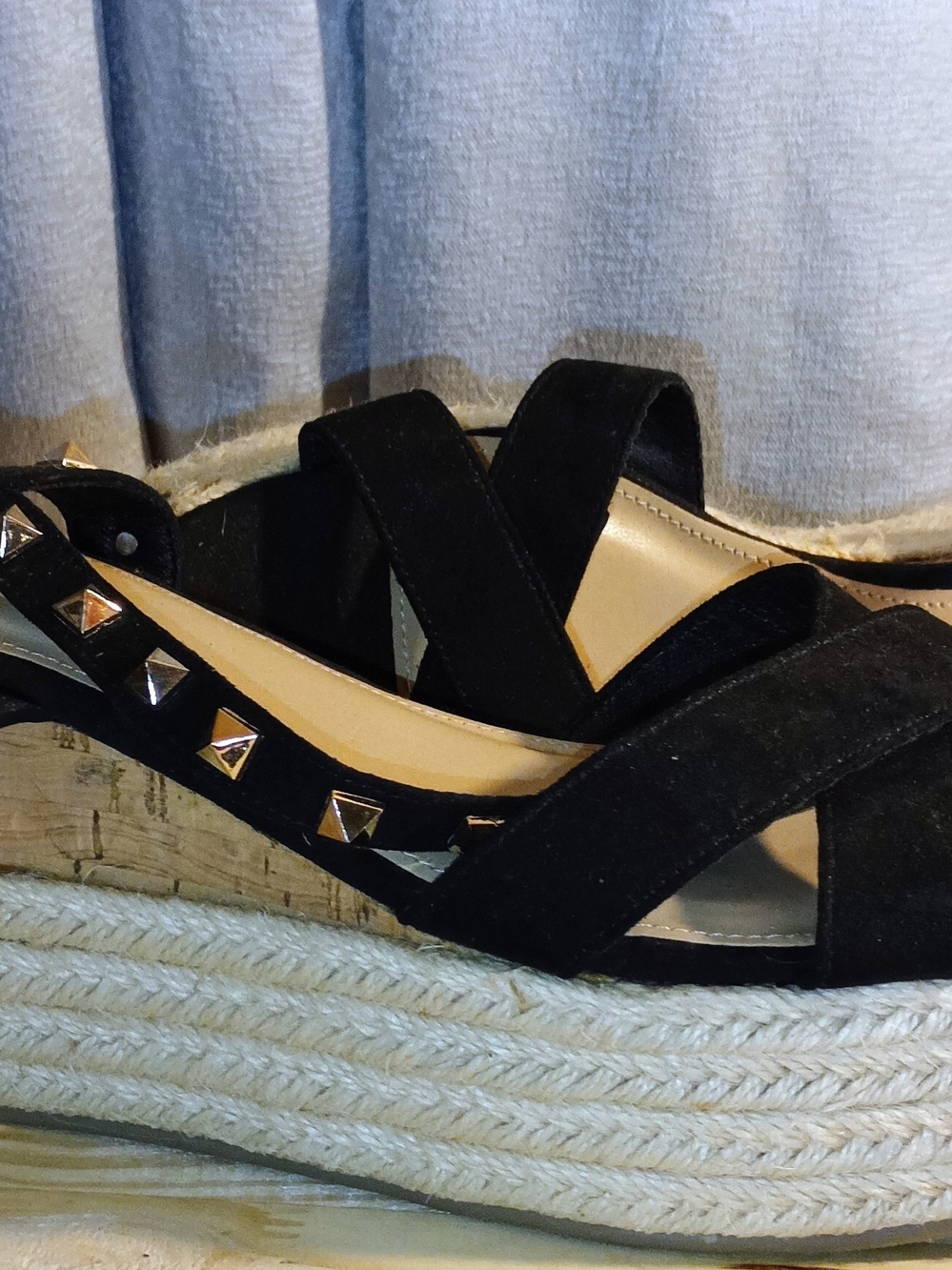 Fashion Nova Black Studded Espadrille Wedge Sandals - Cross Strap
